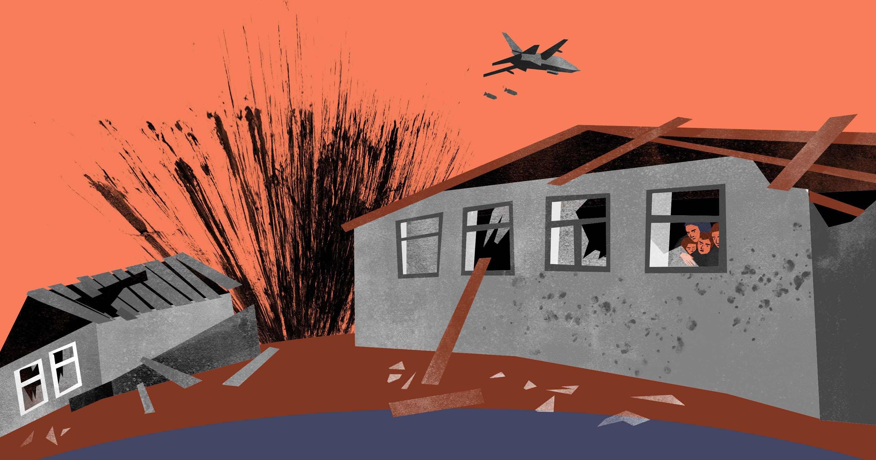 Refugees illustration bombarding