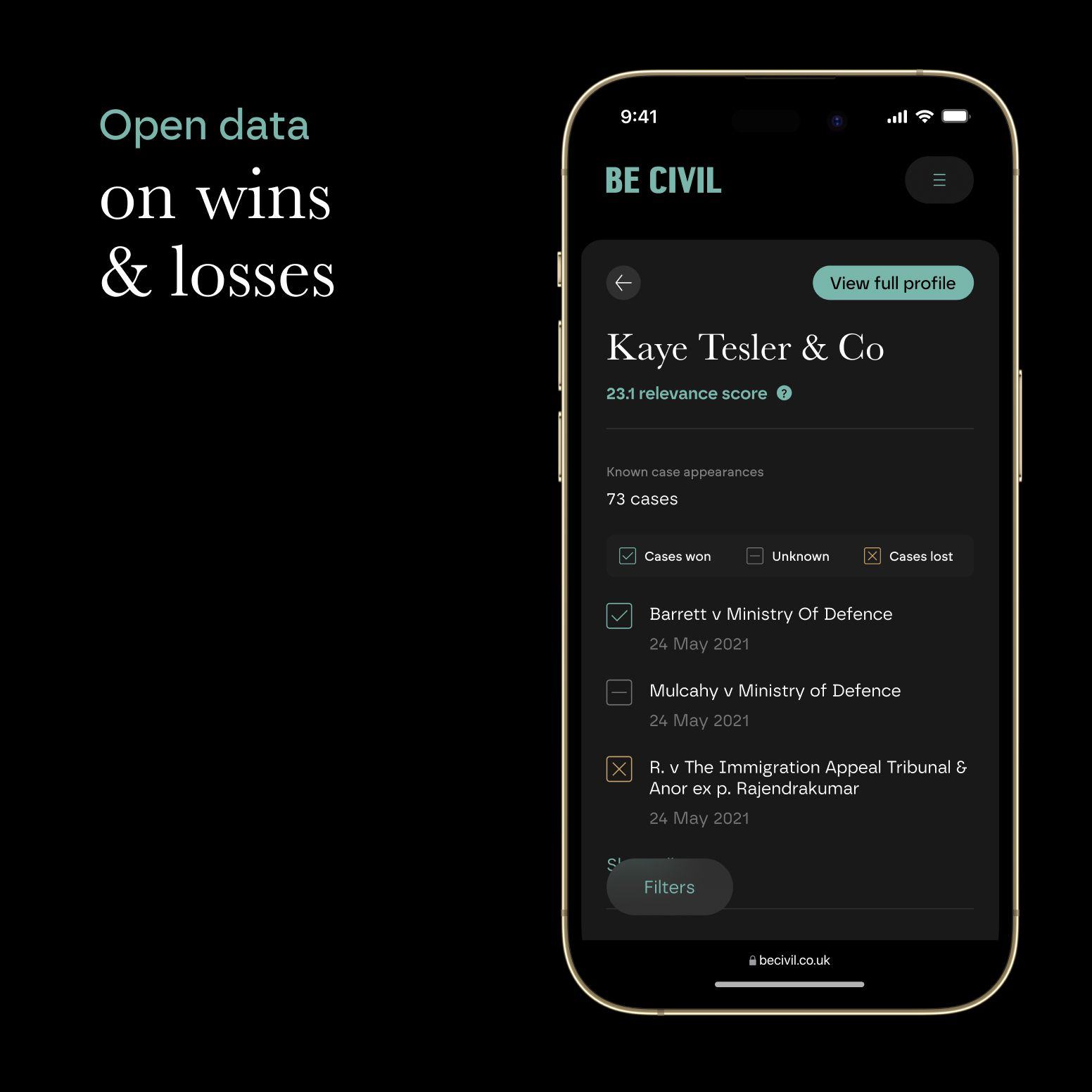 BeCivil legal app, data on wins and losses